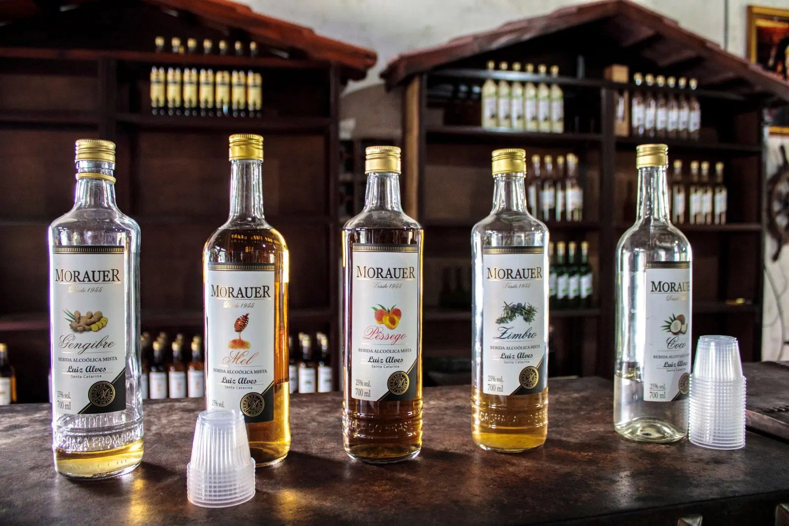 Flasche mit serbischem Schnaps und Glas auf Holztisch